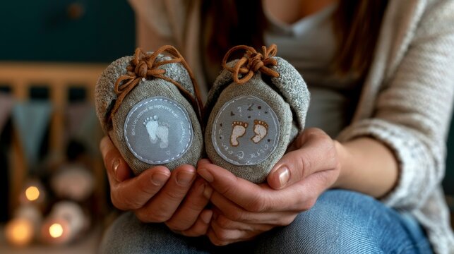 Hands holding tiny baby booties with footprints, symbolizing new life and anticipation