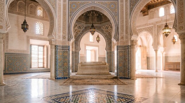 Architectural interior view of the historic alhambra palace featuring intricate moorish arches islamic tile patterns marble flooring bathed in soft sunlight alhambra architecture historic