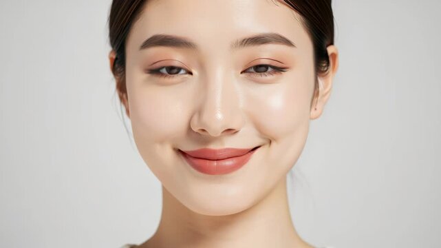 Soft Smile and Glowing Skin: A young woman with a gentle smile and radiant, dewy skin, showcasing natural beauty and makeup artistry.