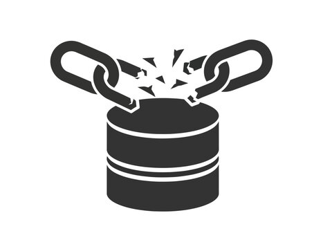 Broken chain over database server, representing data breach and security issues.