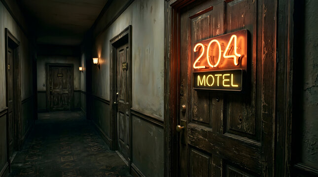 Vintage neon sign for room 204 on a weathered wooden door in a dark motel hallway