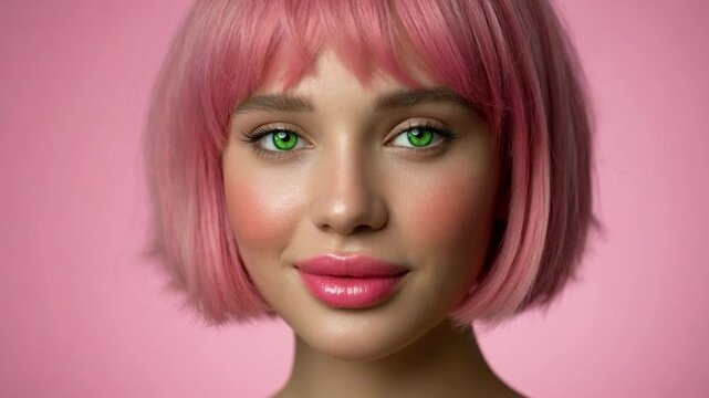 Beautiful woman with pink bob haircut and green eyes changing facial expressions and smiling on a pink background