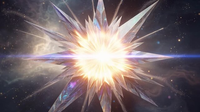 Iridescent crystal star exploding and reforming in outer space with nebula and shining particles in a seamless loop animation