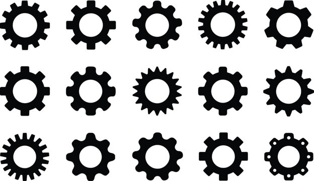 Collection of 15 unique gear and cogwheel silhouette icons featuring industrial gears, mechanical cogs,
