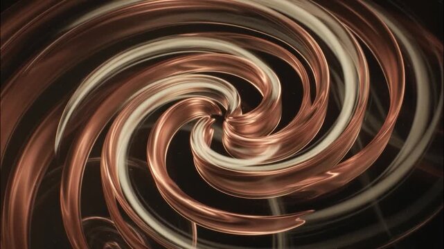 Abstract hypnotic spiral swirling with copper and white ribbons on a black background, featuring a glittering particle explosion