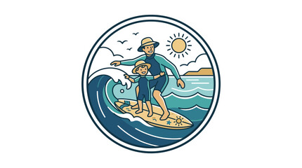 Fototapeta premium Father and Child Surfing Together Illustration