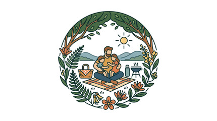 Obraz premium Father and Children Picnic Illustration