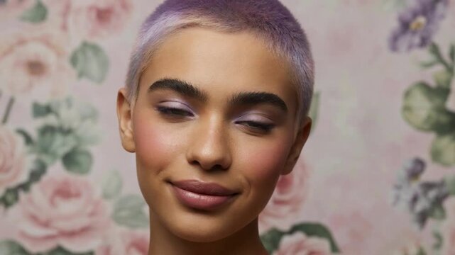 Beautiful young woman with short purple hair posing with gentle smiles and expressions in front of a floral background