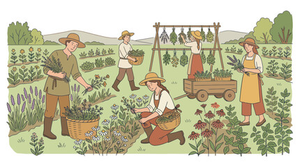 Gardeners harvesting fresh flowers and herbs in the field