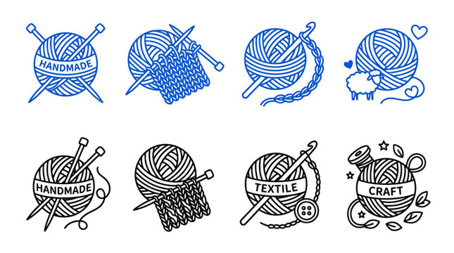 Knitting and crochet hobby logos with yarn and needles