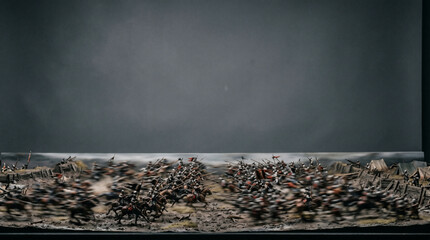 Fototapeta premium Epic Battle Scene: A chaotic and dramatic miniature diorama depicts a fierce historical battle with soldiers clashing in intense combat, showcasing the intensity and struggle of war.