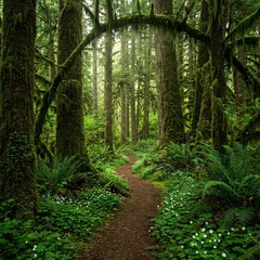 Obraz premium Winding dirt pathway through dense rainforest with mossy trees and lush greenery