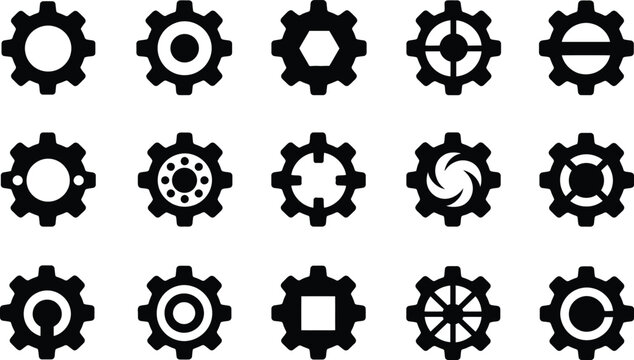 Professional collection of 15 unique gear and cogwheel icons featuring industrial gears, engineering symbols, mechanical components, technology elements, automation concepts,