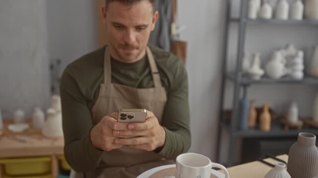 Man potter in apron holding smartphone with both hands over a pottery mug on a wheel in a studio; craft pride entrepreneurship.