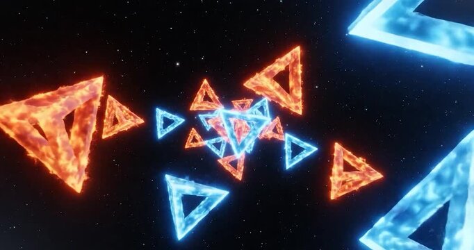 Abstract 3D animation flying through fiery orange and icy blue glowing triangles in dark outer space portal loop