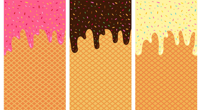 Ice cream and waffle cone vertical vector backgrounds, Vanilla, chocolate and strawberry melting icecream with sugar sprinkles