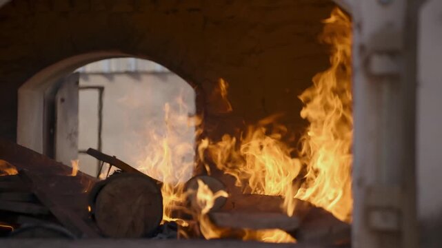 Intense orange flames roar inside a traditional stone wood-fired kiln, consuming thick logs to reach high temperatures for industrial or artisanal baking and pottery firing processes