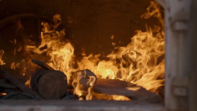 Bright orange and yellow flames dance and roar inside a traditional stone kiln or industrial furnace, consuming wooden logs with intense heat and glowing light in a dark interior space