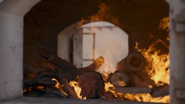 Intense bright orange flames burning dry wooden logs inside a traditional stone brick oven used for baking bread or pizza in a rustic kitchen setting with warm lighting and glowing embers