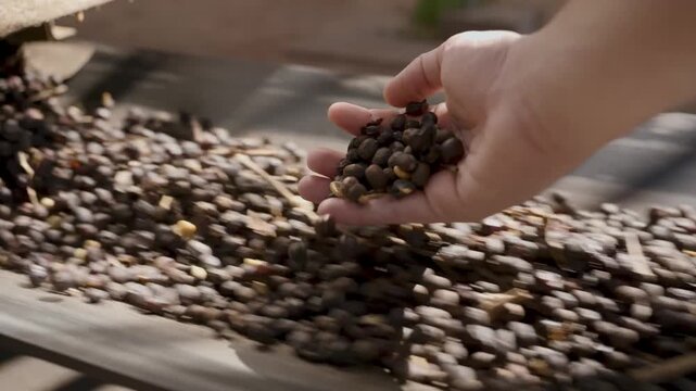 Close-up of a worker's hand inspecting and handling roasted coffee beans on a moving industrial conveyor belt during the sorting and quality control process in a production facility