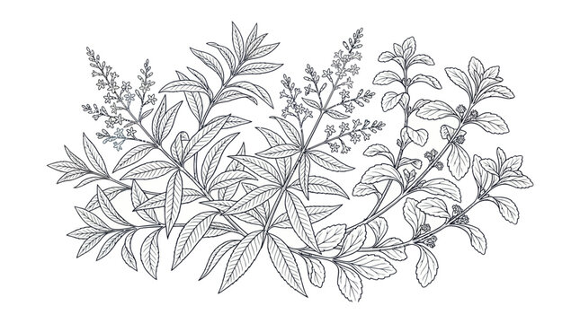 Botanical branches of lemon verbena and stevia plants