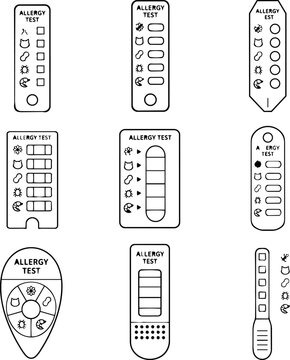 Set of allergy test strips and skin prick panels with allergen symbols