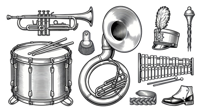 Marching band instruments and parade uniform accessories set