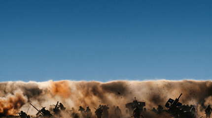 Fototapeta premium Warzone Demolition: A scene of intense conflict with military vehicles and explosions creating a massive dust cloud under a clear blue sky, depicting the chaos and destruction of war.