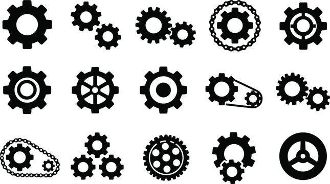 Premium collection of 15 industrial gear and cogwheel icons featuring mechanical gears, connected cogs