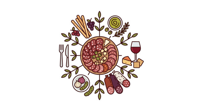 Charcuterie Board and Wine Food Mandala Illustration