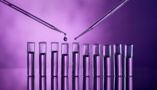 testing liquid from glass pipette to test tubes on purple reflective background