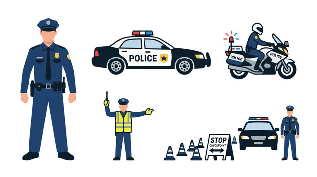 Police officer uniform and emergency vehicle illustrations.