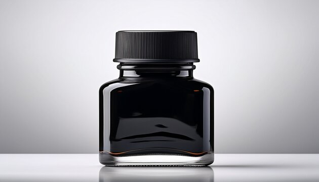a bottle of ink with a black cap is pictured