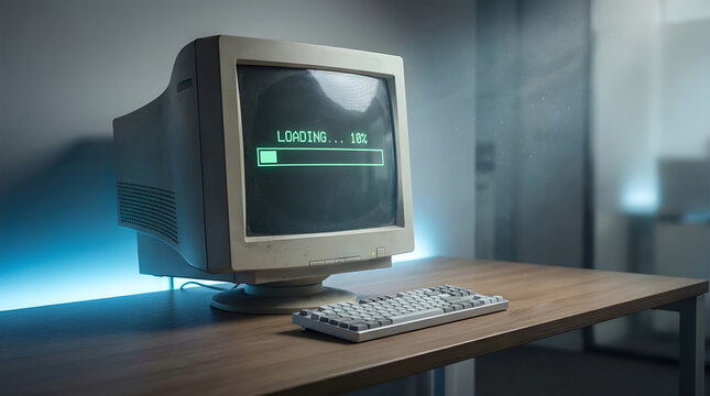 Retro CRT computer monitor and keyboard with a green loading bar on screen, vintage technology on a wooden desk in a modern office concept