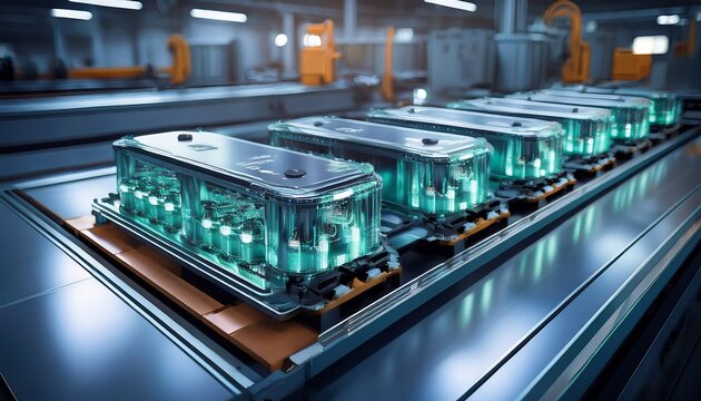 lithium ion high voltage battery component for electric vehicle or hybrid car battery module for automotive industry on production line high capacity battery production inside a factory