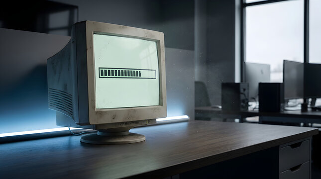 Retro CRT computer monitor with a loading bar on the screen sitting on a wooden desk in a modern dark office, nostalgia and obsolete technology concept