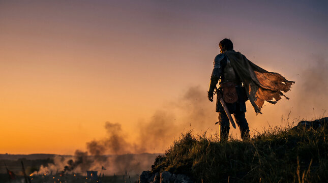 Warrior's Vigil at Sunset: A solitary warrior clad in a weathered cloak stands sentinel on a grassy hilltop, gazing out at a desolate landscape as the sun dips below the horizon.