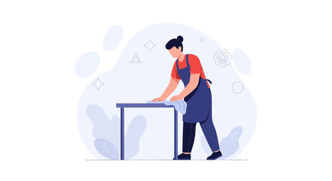 Woman in apron cleaning a table with a cloth, modern flat vector illustration, symbolizing hygiene and household chores.