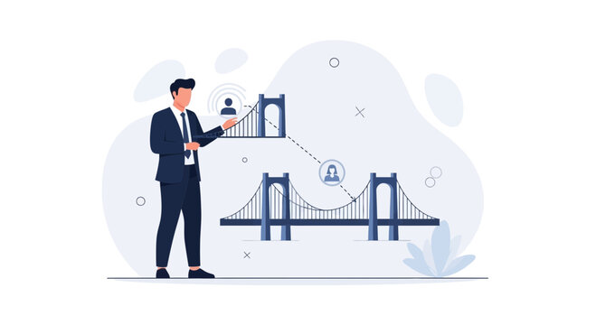 Businessman creating a virtual bridge between two points, representing connection and communication
