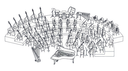 Symphonic orchestra layout including grand piano and string sections © Apar