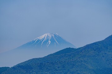 Fototapeta premium 青空に映える残雪の富士山と手前の新緑の山並み