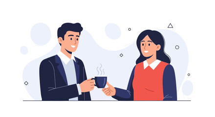Fototapeta premium Business colleagues sharing coffee break, teamwork and collaboration concept, modern flat vector illustration