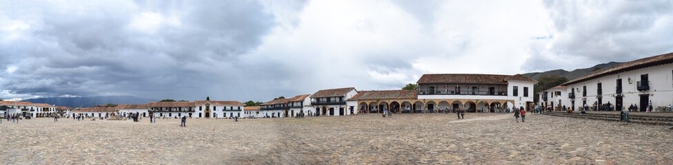 Main square Villa de Leyva town, Colombia Street in municipality and colonial tourist town, part of the Boyacá department of Colombia. South America, cloudy day © Camilo