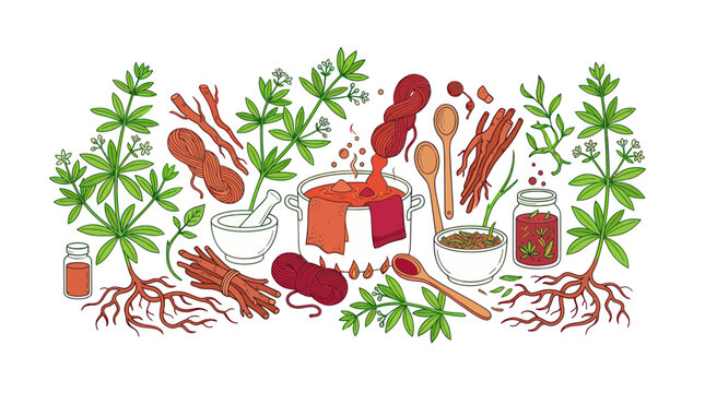Natural fabric dyeing process with madder root plants and tools