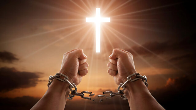 Breaking chains with faith hands released from shackles before a radiant cross