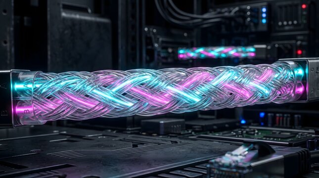 A highly detailed macro shot of a colorful neon-lit cable in a dark computer interior with wires and circuit boards