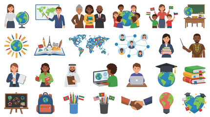 Fototapeta premium Global education and learning icons vector set with diversity, technology, books, graduation and international classroom concepts in flat design style