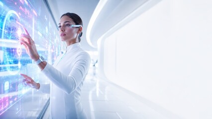 Fototapeta premium Futuristic woman using transparent holographic interface in white lab. Concept for human computer interaction, wearable technology and digital productivity. 