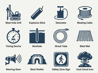 Fototapeta premium Flat minimal vector icon set of 12 drilling and blasting elements: blast hole drill, explosive stick, detonator, blasting cable, timing device, borehole, shock tube, blast mat, warning siren, blast 