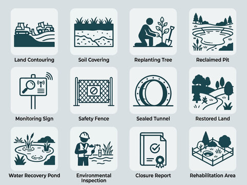 Flat minimal vector icon set of 12 mine closure and reclamation elements: land contouring, soil covering, replanting tree, reclaimed pit, monitoring sign, safety fence, sealed tunnel, restored land
